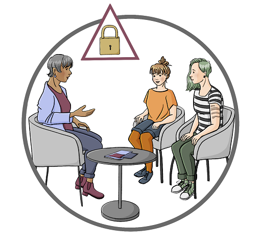 Eine Beraterin und zwei junge Frauen sitzen sich in Sesseln gegenüber. Zwischen den Sesseln steht ein kleiner Tisch mit Info-Heften. Über dem Bild ist ein rotes Dreieck mit einem Vorhängeschloss.
