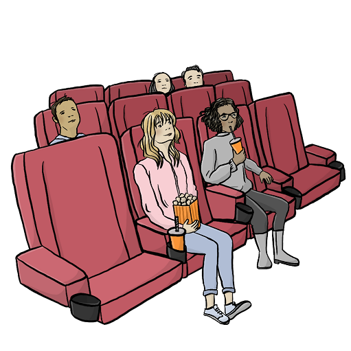Menschen sitzen auf roten Kino-Sesseln. In der ersten Reihe sitzen zwei Frauen mit Popcorn und Getränken.